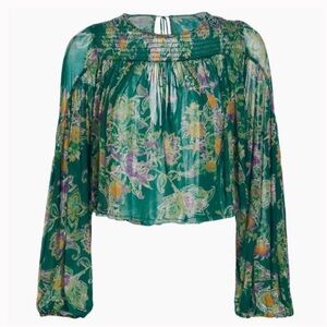 FREE PEOPLE “Up For Anything” Sheer Blouse Top in “Emerald Combo” NWOT
